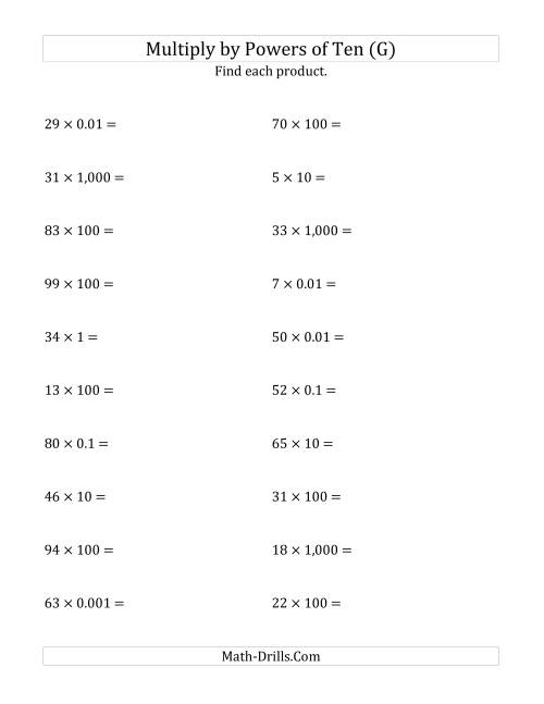 The Multiplying Whole Numbers by All Powers of Ten (Standard Form) (G) Math Worksheet