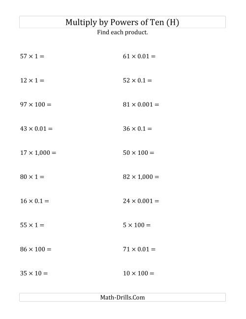 The Multiplying Whole Numbers by All Powers of Ten (Standard Form) (H) Math Worksheet