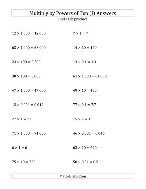 The Multiplying Whole Numbers by All Powers of Ten (Standard Form) (I) Math Worksheet Page 2