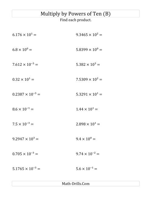 The Multiplying Decimals by All Powers of Ten (Exponent Form) (B) Math Worksheet