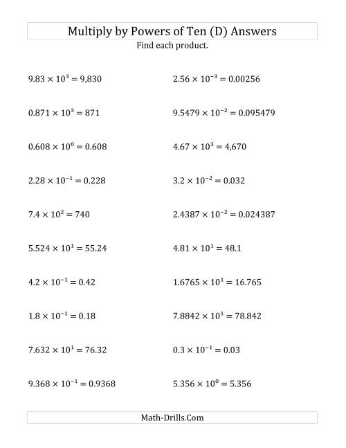 The Multiplying Decimals by All Powers of Ten (Exponent Form) (D) Math Worksheet Page 2