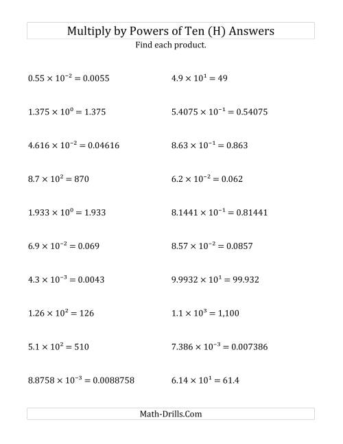 The Multiplying Decimals by All Powers of Ten (Exponent Form) (H) Math Worksheet Page 2