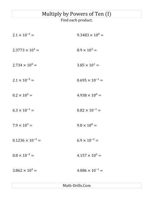 The Multiplying Decimals by All Powers of Ten (Exponent Form) (I) Math Worksheet