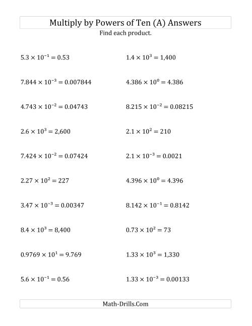 The Multiplying Decimals by All Powers of Ten (Exponent Form) (All) Math Worksheet Page 2