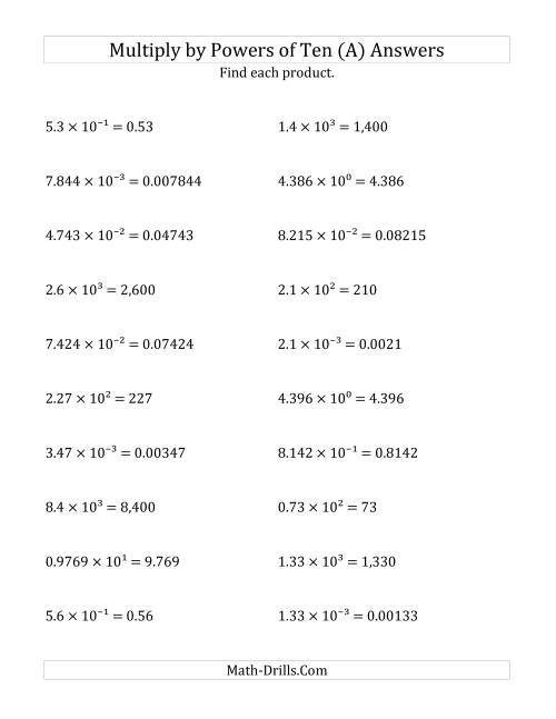 multiplying decimals by all powers of ten exponent form