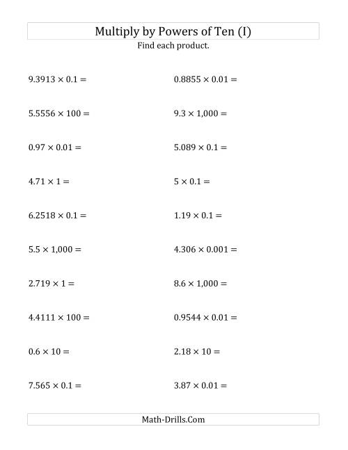The Multiplying Decimals by All Powers of Ten (Standard Form) (I) Math Worksheet
