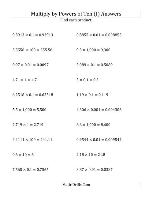 The Multiplying Decimals by All Powers of Ten (Standard Form) (I) Math Worksheet Page 2