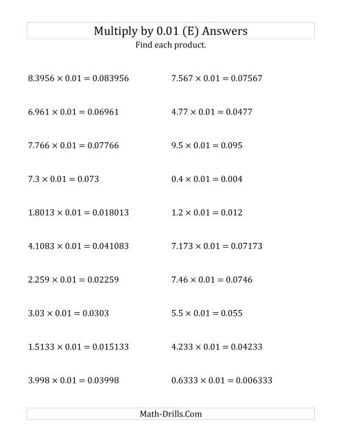 The Multiplying Decimals by 0.01 (E) Math Worksheet Page 2