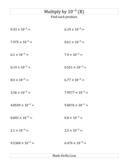 The Multiplying Decimals by 10<sup>-3</sup> (B) Math Worksheet