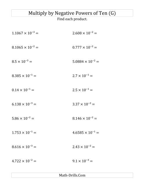 The Multiplying Decimals by Negative Powers of Ten (Exponent Form) (G) Math Worksheet