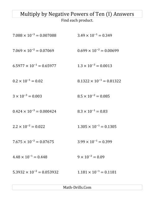 The Multiplying Decimals by Negative Powers of Ten (Exponent Form) (I) Math Worksheet Page 2