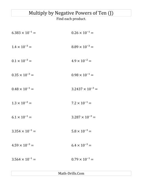 The Multiplying Decimals by Negative Powers of Ten (Exponent Form) (J) Math Worksheet