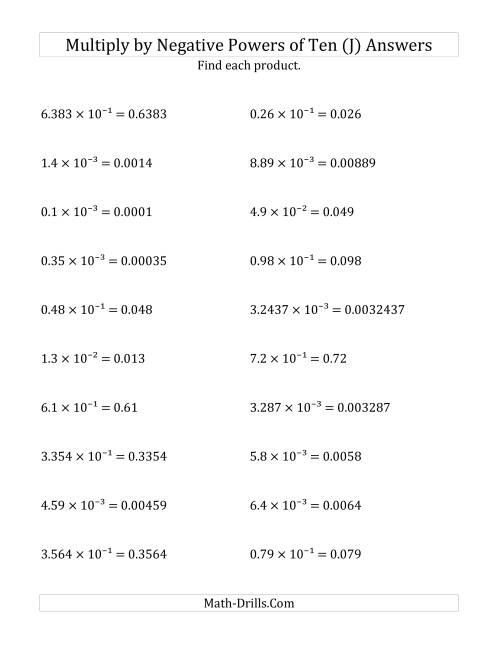 The Multiplying Decimals by Negative Powers of Ten (Exponent Form) (J) Math Worksheet Page 2