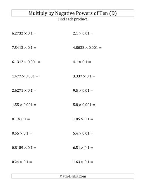 The Multiplying Decimals by Negative Powers of Ten (Standard Form) (D) Math Worksheet