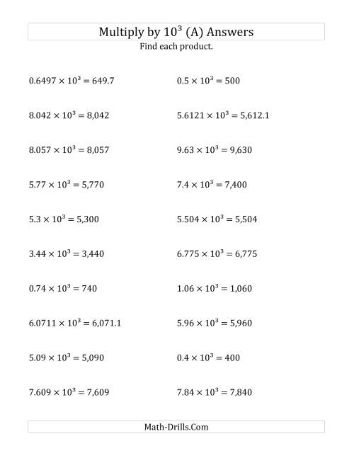 The Multiplying Decimals by 10<sup>3</sup> (All) Math Worksheet Page 2