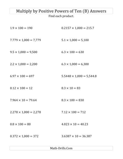 The Multiplying Decimals by Positive Powers of Ten (Standard Form) (B) Math Worksheet Page 2