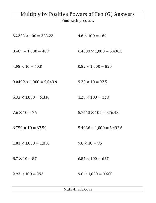 The Multiplying Decimals by Positive Powers of Ten (Standard Form) (G) Math Worksheet Page 2