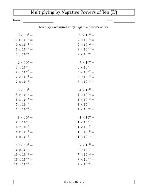 The Learning to Multiply Numbers (Range 1 to 10) by Negative Powers of Ten in Exponent Form (D) Math Worksheet