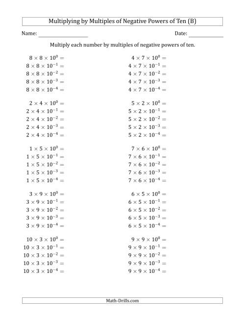 The Learning to Multiply Numbers (Range 1 to 10) by Multiples of Negative Powers of Ten in Exponent Form (B) Math Worksheet