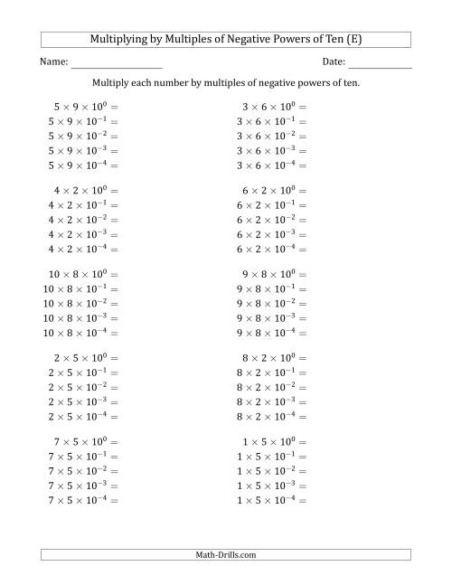 The Learning to Multiply Numbers (Range 1 to 10) by Multiples of Negative Powers of Ten in Exponent Form (E) Math Worksheet