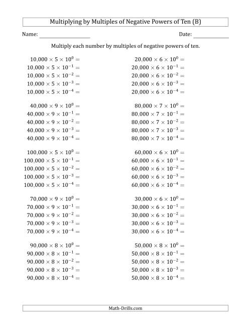 The Learning to Multiply Numbers (Range 1 to 10) by Multiples of Negative Powers of Ten in Exponent Form (Whole Number Answers) (B) Math Worksheet