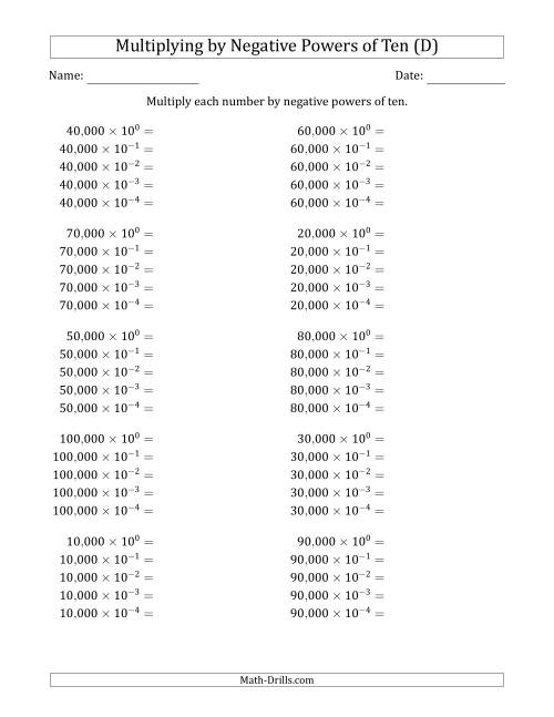 The Learning to Multiply Numbers (Range 1 to 10) by Negative Powers of Ten in Exponent Form (Whole Number Answers) (D) Math Worksheet