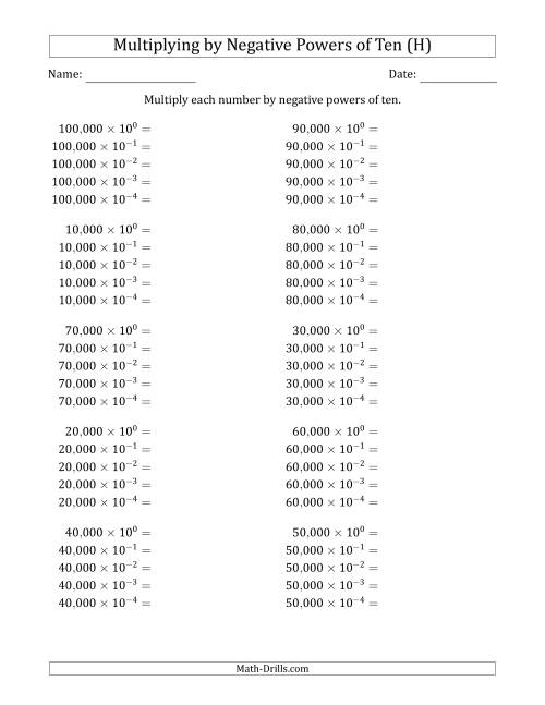 The Learning to Multiply Numbers (Range 1 to 10) by Negative Powers of Ten in Exponent Form (Whole Number Answers) (H) Math Worksheet