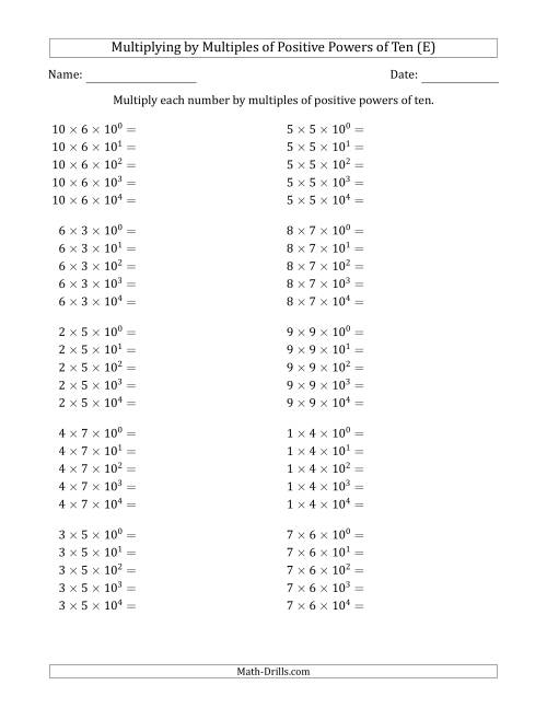 The Learning to Multiply Numbers (Range 1 to 10) by Multiples of Positive Powers of Ten in Exponent Form (E) Math Worksheet