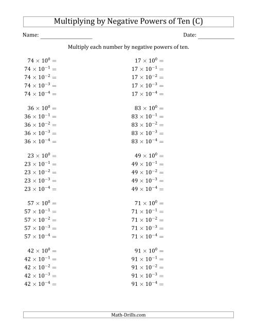 The Learning to Multiply Numbers (Range 10 to 99) by Negative Powers of Ten in Exponent Form (C) Math Worksheet