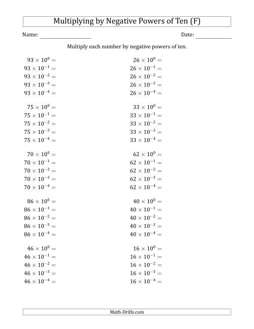 The Learning to Multiply Numbers (Range 10 to 99) by Negative Powers of Ten in Exponent Form (F) Math Worksheet