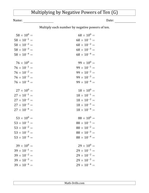 The Learning to Multiply Numbers (Range 10 to 99) by Negative Powers of Ten in Exponent Form (G) Math Worksheet