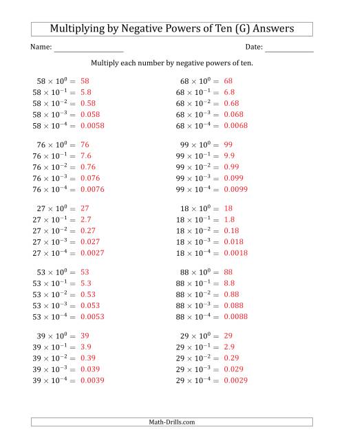 The Learning to Multiply Numbers (Range 10 to 99) by Negative Powers of Ten in Exponent Form (G) Math Worksheet Page 2