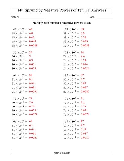 The Learning to Multiply Numbers (Range 10 to 99) by Negative Powers of Ten in Exponent Form (H) Math Worksheet Page 2