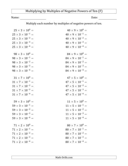 The Learning to Multiply Numbers (Range 10 to 99) by Multiples of Negative Powers of Ten in Exponent Form (F) Math Worksheet