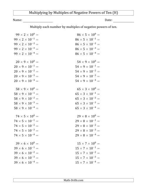 The Learning to Multiply Numbers (Range 10 to 99) by Multiples of Negative Powers of Ten in Exponent Form (H) Math Worksheet