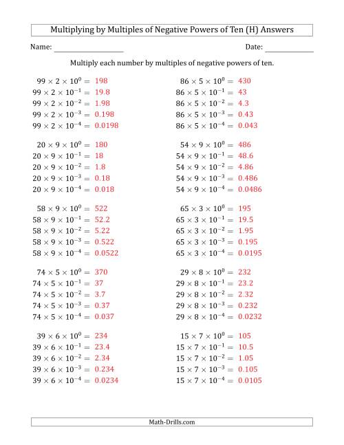 The Learning to Multiply Numbers (Range 10 to 99) by Multiples of Negative Powers of Ten in Exponent Form (H) Math Worksheet Page 2