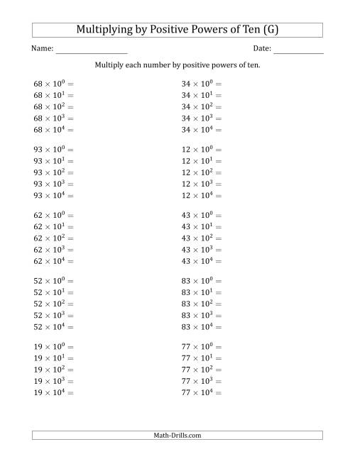 The Learning to Multiply Numbers (Range 10 to 99) by Positive Powers of Ten in Exponent Form (G) Math Worksheet