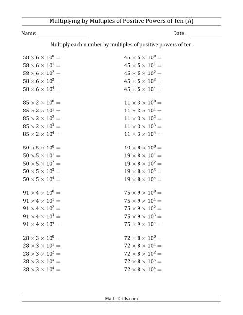 The Learning to Multiply Numbers (Range 10 to 99) by Multiples of Positive Powers of Ten in Exponent Form (A) Math Worksheet