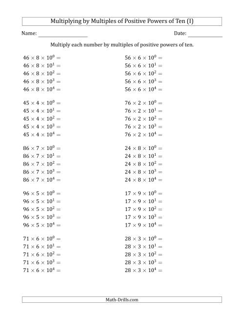 The Learning to Multiply Numbers (Range 10 to 99) by Multiples of Positive Powers of Ten in Exponent Form (I) Math Worksheet