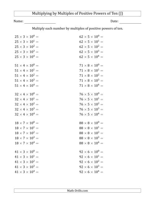 The Learning to Multiply Numbers (Range 10 to 99) by Multiples of Positive Powers of Ten in Exponent Form (J) Math Worksheet