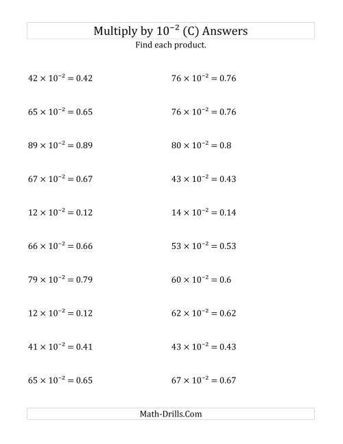 The Multiplying Whole Numbers by 10<sup>-2</sup> (C) Math Worksheet Page 2