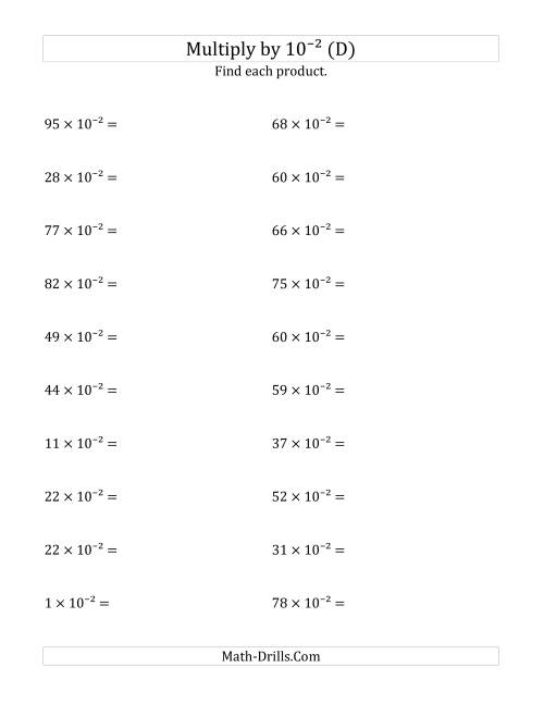 The Multiplying Whole Numbers by 10<sup>-2</sup> (D) Math Worksheet