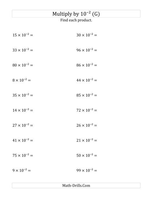 The Multiplying Whole Numbers by 10<sup>-2</sup> (G) Math Worksheet