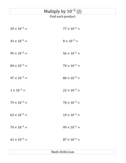 The Multiplying Whole Numbers by 10<sup>-2</sup> (J) Math Worksheet