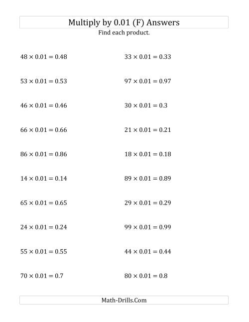 The Multiplying Whole Numbers by 0.01 (F) Math Worksheet Page 2