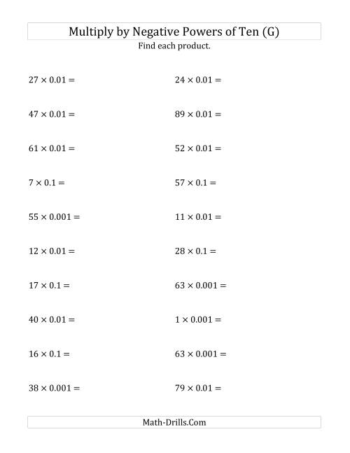 The Multiplying Whole Numbers by Negative Powers of Ten (Standard Form) (G) Math Worksheet