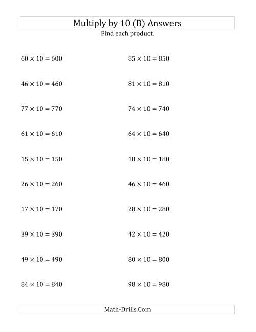 The Multiplying Whole Numbers by 10 (B) Math Worksheet Page 2
