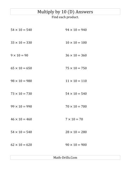 The Multiplying Whole Numbers by 10 (D) Math Worksheet Page 2