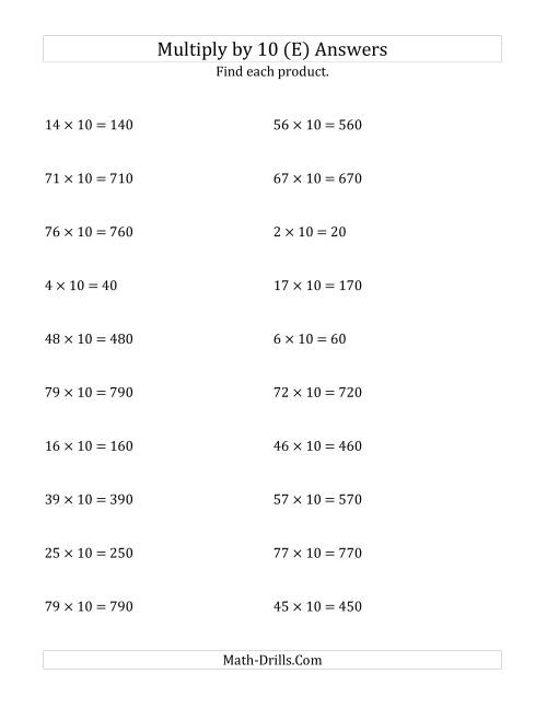 The Multiplying Whole Numbers by 10 (E) Math Worksheet Page 2