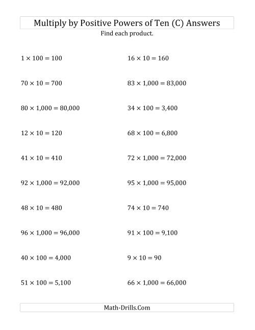 The Multiplying Whole Numbers by Positive Powers of Ten (Standard Form) (C) Math Worksheet Page 2